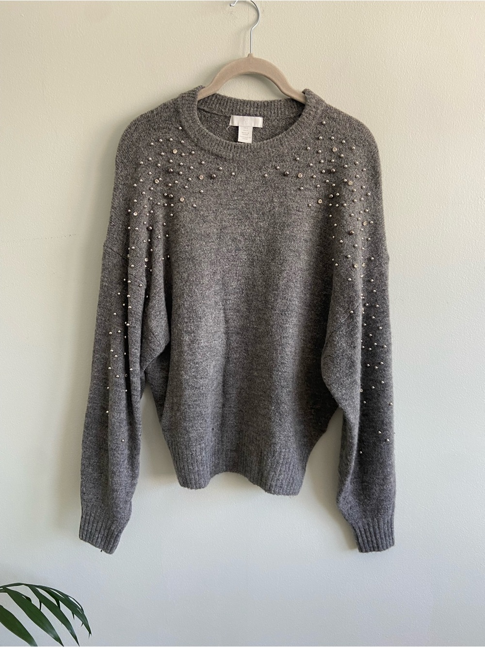 H&M Gray Crewneck Sweater with Pearl and Metallic Studs